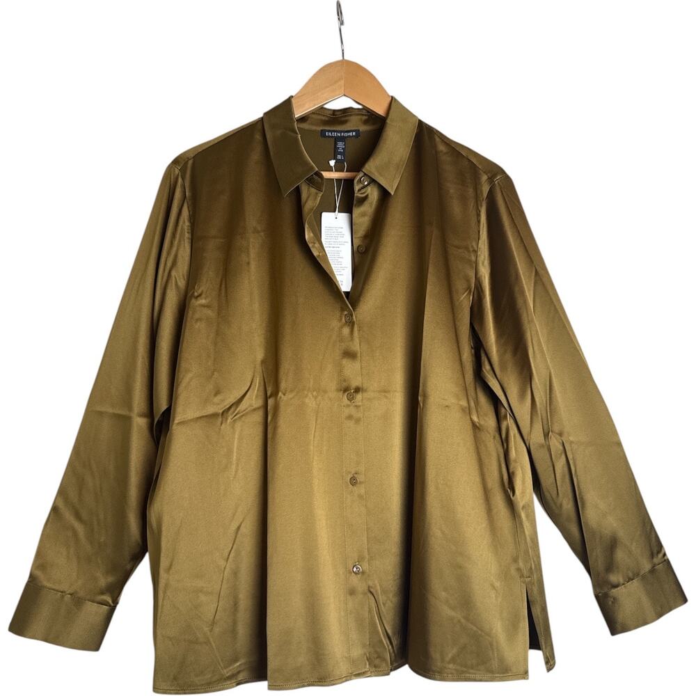Eileen Fisher Stretch Silk Charmeuse Classic Collar Shirt Gold Leaf Size L NWT